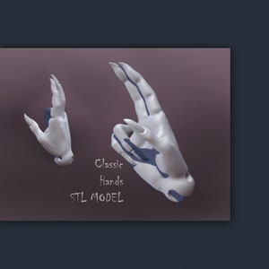 Puede incluir: Dos manos blancas impresas en 3D con dedos largos y puntiagudos. Las manos están en diferentes gestos. El texto "Classic Hands STL MODEL" está impreso debajo de las manos.
