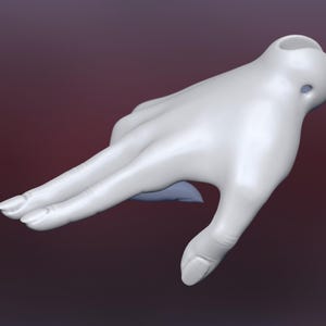 May include: A white, 3D printed hand model with fingers extended and the thumb pointing down. The hand is posed as if it is reaching out to grab something.