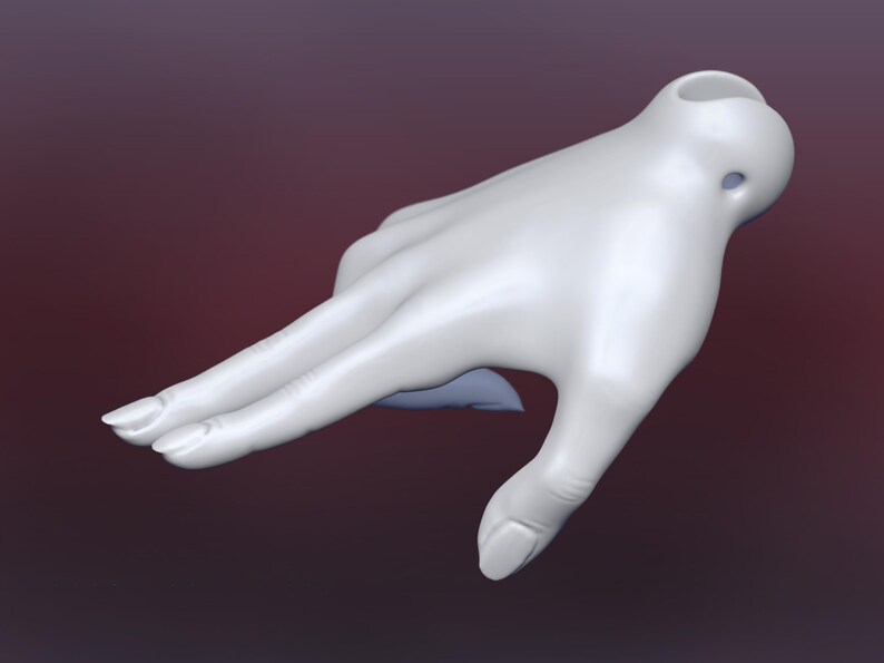May include: A white, 3D printed hand model with fingers extended and the thumb pointing down. The hand is posed as if it is reaching out to grab something.