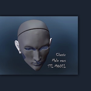 May include: A 3D printed model of a human head with classic male ears. The model is gray and has a smooth surface. The text "Classic Male ears STL MODEL" is written below the head.
