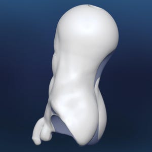 Pode incluir: Uma escultura abstrata branca com um topo arredondado e uma forma org&acirc;nica curva. A escultura tem uma superf&iacute;cie lisa e est&aacute; sobre um fundo azul escuro. O design inclui uma forma bulbosa e uma protuber&acirc;ncia menor e arredondada.