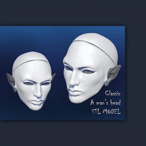 Può includere: Due teste bianche stampate in 3D con orecchie a punta, su sfondo blu. Le teste sono stilizzate con tratti definiti. Il testo sull'immagine recita "Classic, A man's head, STL MODEL."