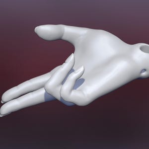May include: A white, 3D-printed model of a hand with fingers curled inward, as if holding something small. The hand is positioned with the palm facing up.