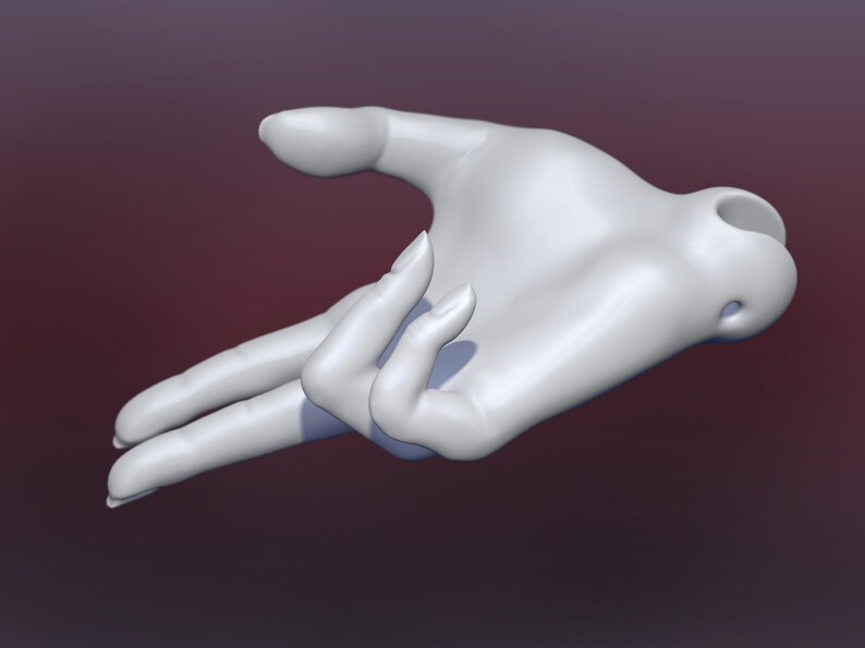 May include: A white, 3D-printed model of a hand with fingers curled inward, as if holding something small. The hand is positioned with the palm facing up.