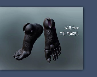 May include: A 3D printed model of a pair of wolf feet. The model is black and furry, with sharp claws. The text "Wolf feet STL MODEL" is written on the image.