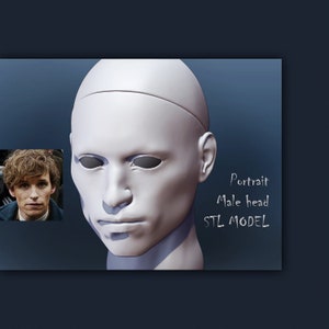 Puede incluir: Un modelo de cabeza humana impreso en 3D de color blanco. El modelo es un retrato de una cabeza masculina. El texto "Portrait Male head STL MODEL" está escrito en el lado derecho de la imagen.