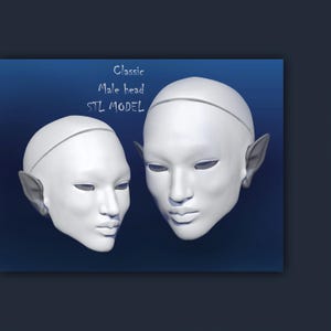 Könnte beinhalten: Zwei weiße 3D-gedruckte männliche Kopfmodelle mit spitzen Ohren, vor einem dunkelblauen Hintergrund. Der Text "Classic Male head STL MODEL" ist weiß über den Köpfen geschrieben.
