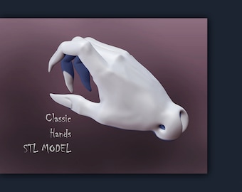 May include: A white 3D model of a hand in a grabbing gesture. The text "Classic Hands STL MODEL" is below the hand.