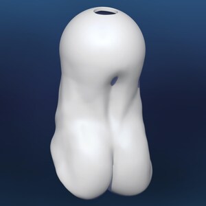 Pode incluir: Um vaso de cer&acirc;mica branco abstrato com um topo bulboso e uma base arredondada. O vaso tem uma forma &uacute;nica e org&acirc;nica com uma pequena abertura no topo e um acabamento liso e fosco. O fundo &eacute; um gradiente de azul escuro.