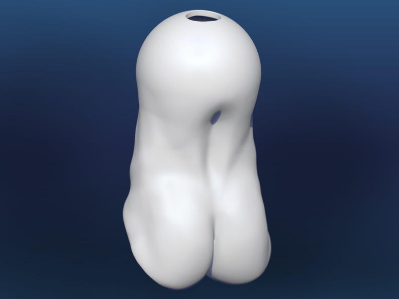 Pode incluir: Um vaso de cer&acirc;mica branco abstrato com um topo bulboso e uma base arredondada. O vaso tem uma forma &uacute;nica e org&acirc;nica com uma pequena abertura no topo e um acabamento liso e fosco. O fundo &eacute; um gradiente de azul escuro.