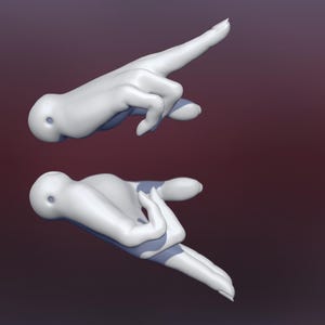 May include: Two white hands in different poses. The hand on top is pointing to the right. The hand on the bottom is making a gesture with the fingers curled inward.