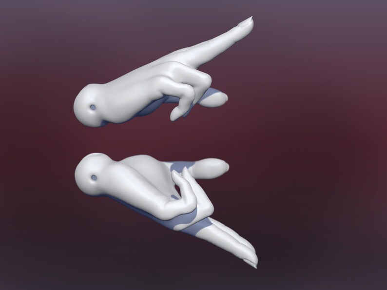 May include: Two white hands in different poses. The hand on top is pointing to the right. The hand on the bottom is making a gesture with the fingers curled inward.