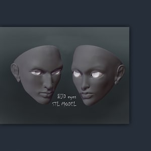 May include: Two grey 3D printed faces with white eyes. The text "BJD eyes STL MODEL" is written below the faces.