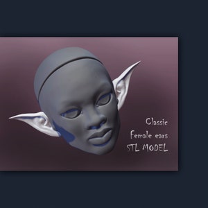 Puede incluir: Un modelo 3D impreso de una oreja femenina clásica, renderizado en gris sobre un fondo rosa claro. El texto "Classic female ears STL MODEL" está escrito en blanco en el lado derecho de la imagen.