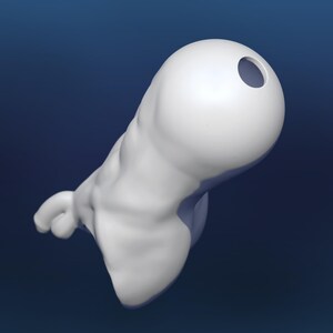 Pode incluir: Uma escultura abstrata branca com um topo arredondado e um buraco. A escultura tem uma forma suave e org&acirc;nica com uma cabe&ccedil;a bulbosa e um corpo curvo. O fundo &eacute; um gradiente de azul escuro.