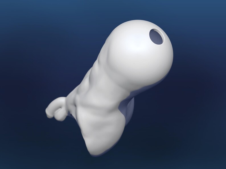 Pode incluir: Uma escultura abstrata branca com um topo arredondado e um buraco. A escultura tem uma forma suave e org&acirc;nica com uma cabe&ccedil;a bulbosa e um corpo curvo. O fundo &eacute; um gradiente de azul escuro.