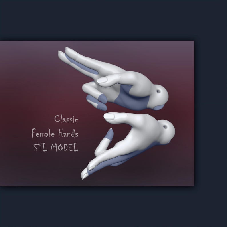 May include: Two 3D printed hands in a white and light blue color scheme. The hands are posed in different positions. The text "Classic Female Hands STL MODEL" is displayed below the hands.