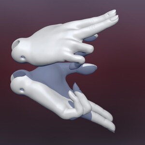 May include: Two white 3D printed hands, one pointing forward and the other with fingers curled inward, appear to be interacting with each other.