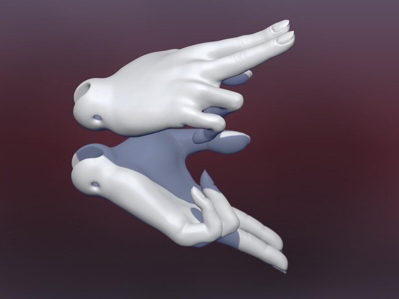 May include: Two white 3D printed hands, one pointing forward and the other with fingers curled inward, appear to be interacting with each other.