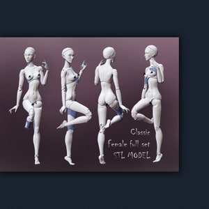 Könnte beinhalten: Ein 3D-gedrucktes Modell einer weiblichen Figur in vier verschiedenen Posen. Das Modell ist weiß und hat ein klassisches Puppen-artiges Aussehen. Der Text "Classic Female full set STL MODEL" ist unter dem Modell geschrieben.