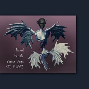 May include: A 3D printed model of a female lizard with demon wings. The model is in pieces, with the wings separate from the body. The model is printed in a light gray color. The text "lizard female demon wings STL MODEL" is printed below the model.