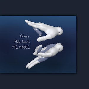 Puede incluir: Dos manos impresas en 3D en una pose clásica. Las manos son blancas con un ligero tono azul. Las manos están sobre un fondo azul oscuro. El texto "Classic Male hands STL MODEL" está escrito en blanco sobre el fondo.
