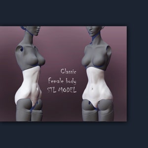 Può includere: Un modello 3D stampato di un corpo femminile classico, mostrato frontalmente e di lato. Il modello è realizzato in plastica bianca e ha una finitura liscia e realistica. Il testo "Classic Female Body STL Model" è scritto in bianco su uno sfondo rosa.