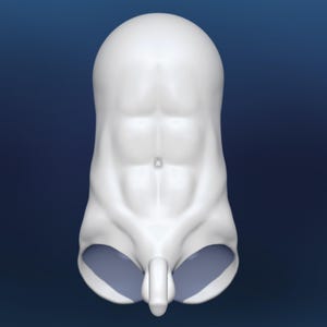 Pode incluir: Uma escultura abstrata branca com um acabamento liso e brilhante. A forma assemelha-se a um torso humano estilizado, com m&uacute;sculos abdominais definidos e uma cabe&ccedil;a arredondada. A base apresenta dois elementos ovais cinza-azulados.