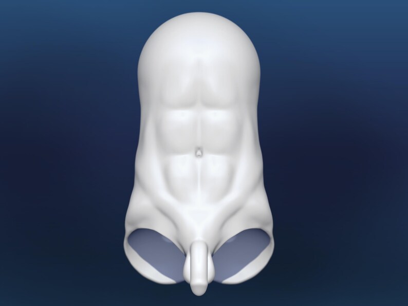 Pode incluir: Uma escultura abstrata branca com um acabamento liso e brilhante. A forma assemelha-se a um torso humano estilizado, com m&uacute;sculos abdominais definidos e uma cabe&ccedil;a arredondada. A base apresenta dois elementos ovais cinza-azulados.