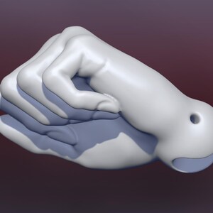 May include: A 3D-rendered sculpture of two hands clasped together, painted in a light gray color. The hands are interlocked, with one hand cupping the other. The background is a gradient of dark red to black.