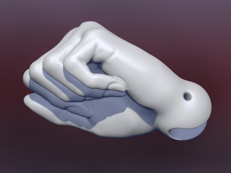 May include: A 3D-rendered sculpture of two hands clasped together, painted in a light gray color. The hands are interlocked, with one hand cupping the other. The background is a gradient of dark red to black.