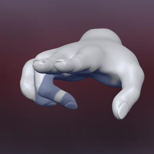 May include: A white, sculpted hand with fingers extended, pointing forward. The hand is positioned as if reaching out to touch something.