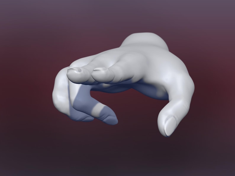 May include: A white, sculpted hand with fingers extended, pointing forward. The hand is positioned as if reaching out to touch something.