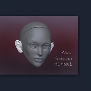 May include: A 3D rendering of a gray, smooth-skinned female face with white ears. The face is centered, with a dark red background. The text "Classic female ears STL MODEL" is in white on the right side of the image.