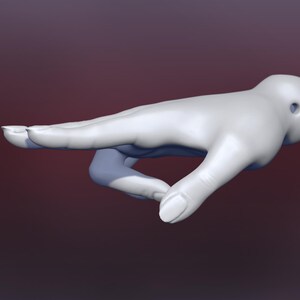 May include: A white, sculpted hand with fingers extended, pointing to the right. The hand is positioned as if it is reaching out to touch something.
