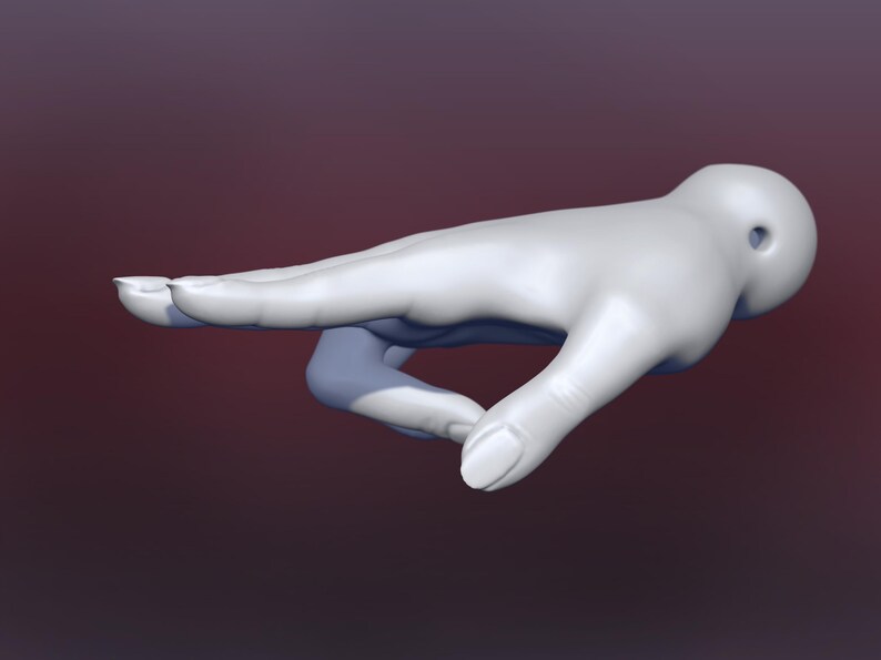 May include: A white, sculpted hand with fingers extended, pointing to the right. The hand is positioned as if it is reaching out to touch something.