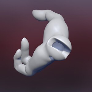 May include: A white, abstract, 3D sculpture with a smooth, rounded surface. The sculpture is shaped like a hand with a curved arm.