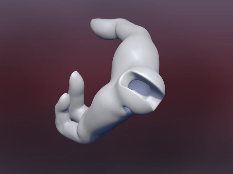 May include: A white, abstract, 3D sculpture with a smooth, rounded surface. The sculpture is shaped like a hand with a curved arm.