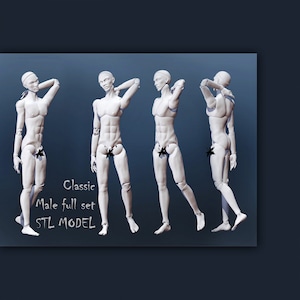 Może przedstawiać: Cztery białe, plastikowe figurki w różnych pozach. Figurki są nagie i mają realistyczną muskulaturę. Tekst "Classic Male full set STL MODEL" jest napisany pod figurkami.