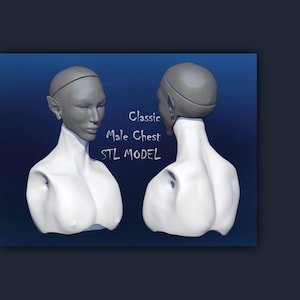 May include: A 3D rendering of a male chest and head, presented in two views. The model is a light gray color, with a smooth texture. The text "Classic Male Chest STL MODEL" is displayed on the image.