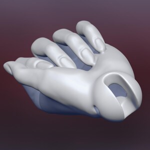 May include: A 3D-rendered, light gray hand with fingers slightly curled inward. The hand is smooth and appears to be made of a solid material. The background is a gradient of dark red and purple.
