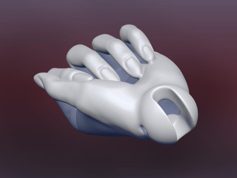 May include: A 3D-rendered, light gray hand with fingers slightly curled inward. The hand is smooth and appears to be made of a solid material. The background is a gradient of dark red and purple.