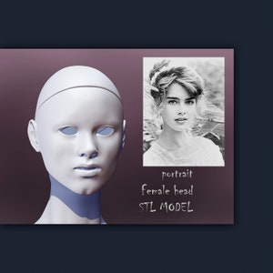 Può includere: Un modello 3D di una testa femminile bianca con orbite vuote, accanto a un ritratto in bianco e nero di una donna. Il testo sull'immagine recita "portrait", "female head" e "STL MODEL".