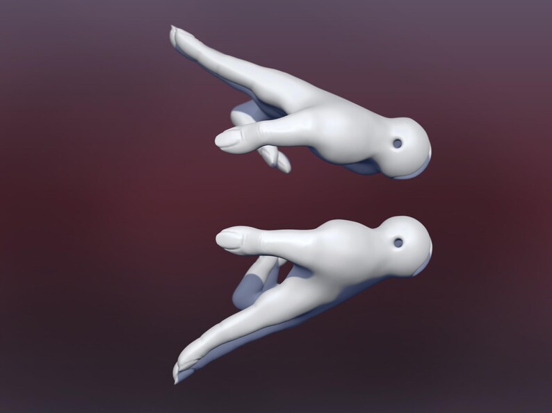 May include: Two white, 3D printed hands, one pointing forward and the other with the palm facing up, both with a small hole in the wrist.
