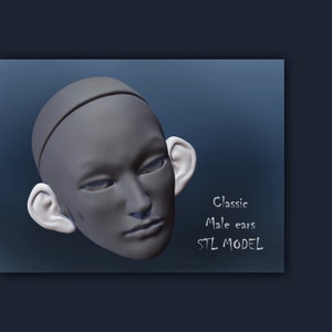 May include: A 3D rendering of a gray human head with white ears. The text "Classic Male ears STL MODEL" is written in white on a dark blue background.