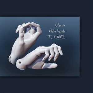 May include: A 3D printed model of two hands in a classic pose. The hands are white and appear to be made of plastic. The text "Classic Male hands STL MODEL" is visible in the image.