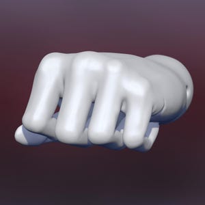 May include: A 3D-rendered, white fist clenched in a gesture of power or solidarity. The hand is smooth and stylized, with visible knuckles and a rounded wrist. The background is a gradient of dark red to black.