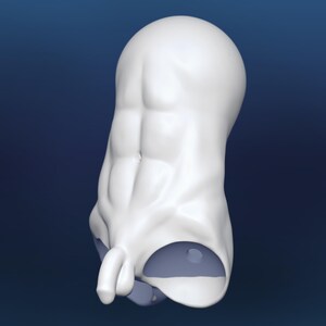 Pode incluir: Uma escultura abstrata branca com um topo arredondado e uma s&eacute;rie de formas curvas e musculosas. A escultura tem um acabamento liso e brilhante e est&aacute; sobre um fundo azul escuro. A forma geral sugere uma forma humana estilizada.