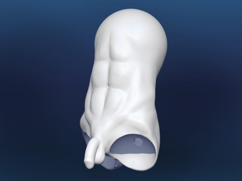 Pode incluir: Uma escultura abstrata branca com um topo arredondado e uma s&eacute;rie de formas curvas e musculosas. A escultura tem um acabamento liso e brilhante e est&aacute; sobre um fundo azul escuro. A forma geral sugere uma forma humana estilizada.