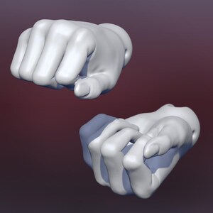 May include: Two white, 3D-rendered hands. One hand is clenched in a fist, the other is open, with fingers slightly curved. The background is a gradient of dark red to a lighter shade.